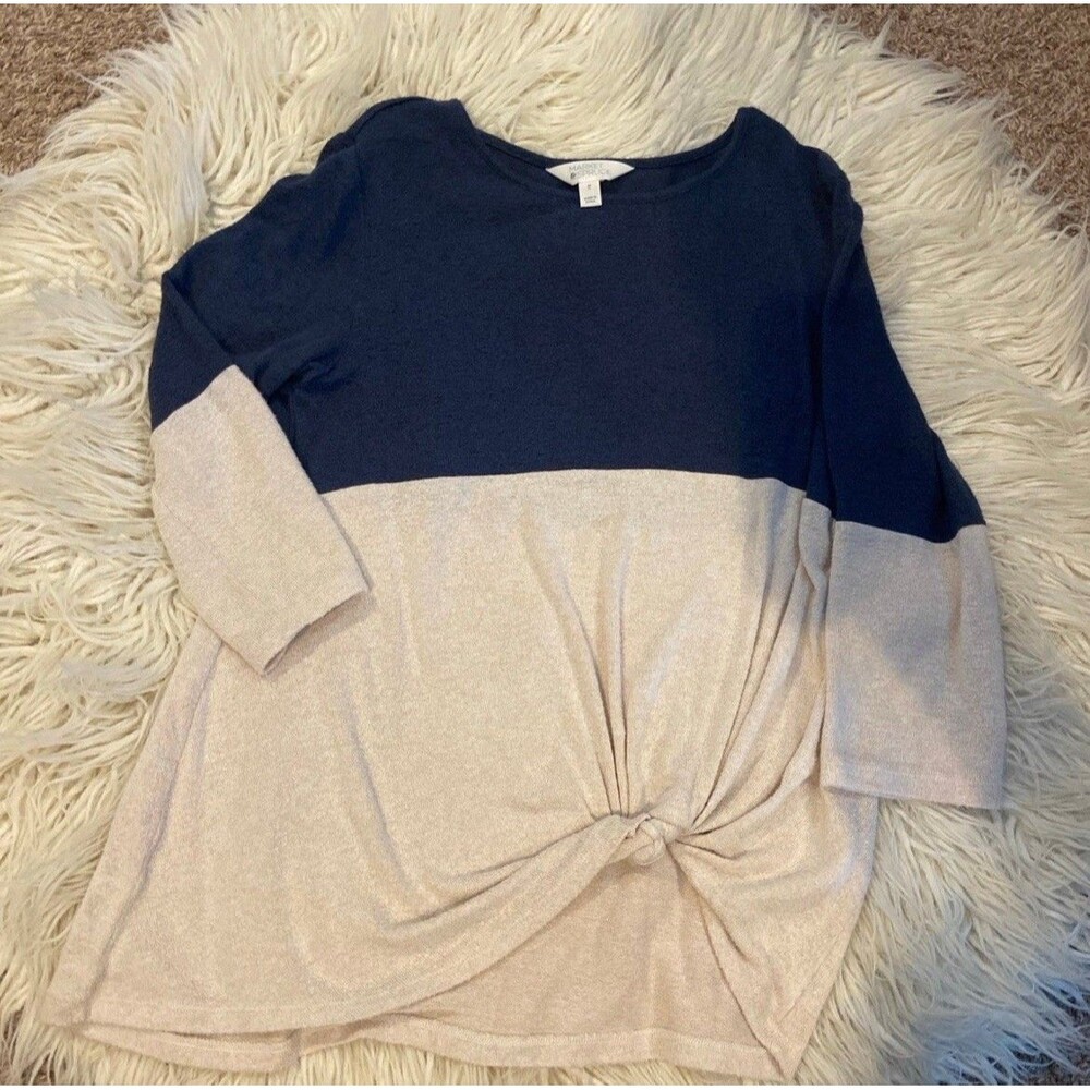 Market & Spruce Shirt Women’s Medium Navy Beige Colorblock Front tie 3/4 sleeve